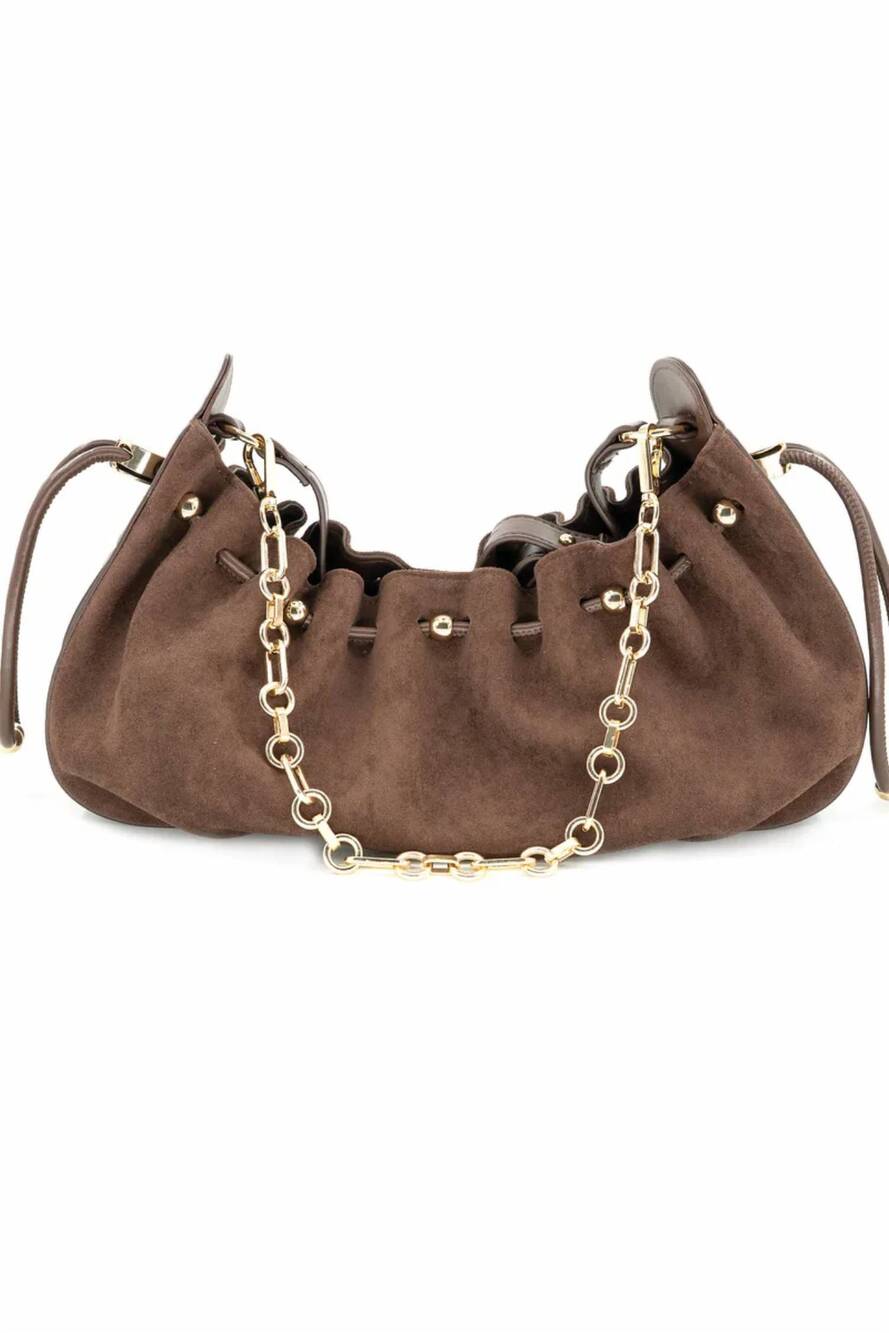 NEW BC HANDBAGS faux suede bag with adjustable closure detail in brown